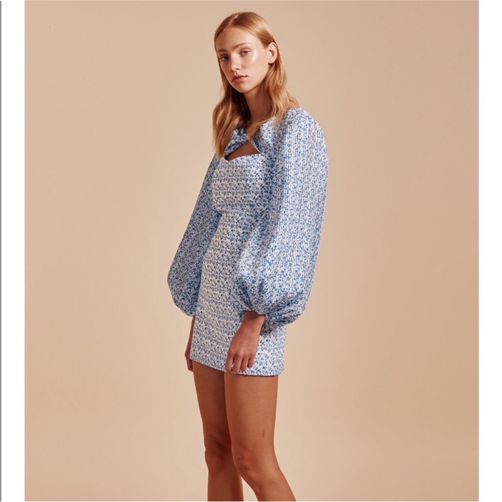 C/MEO Collective Feminine Blue & White Floral Mini Dress W/Pleated Puff Slv Med